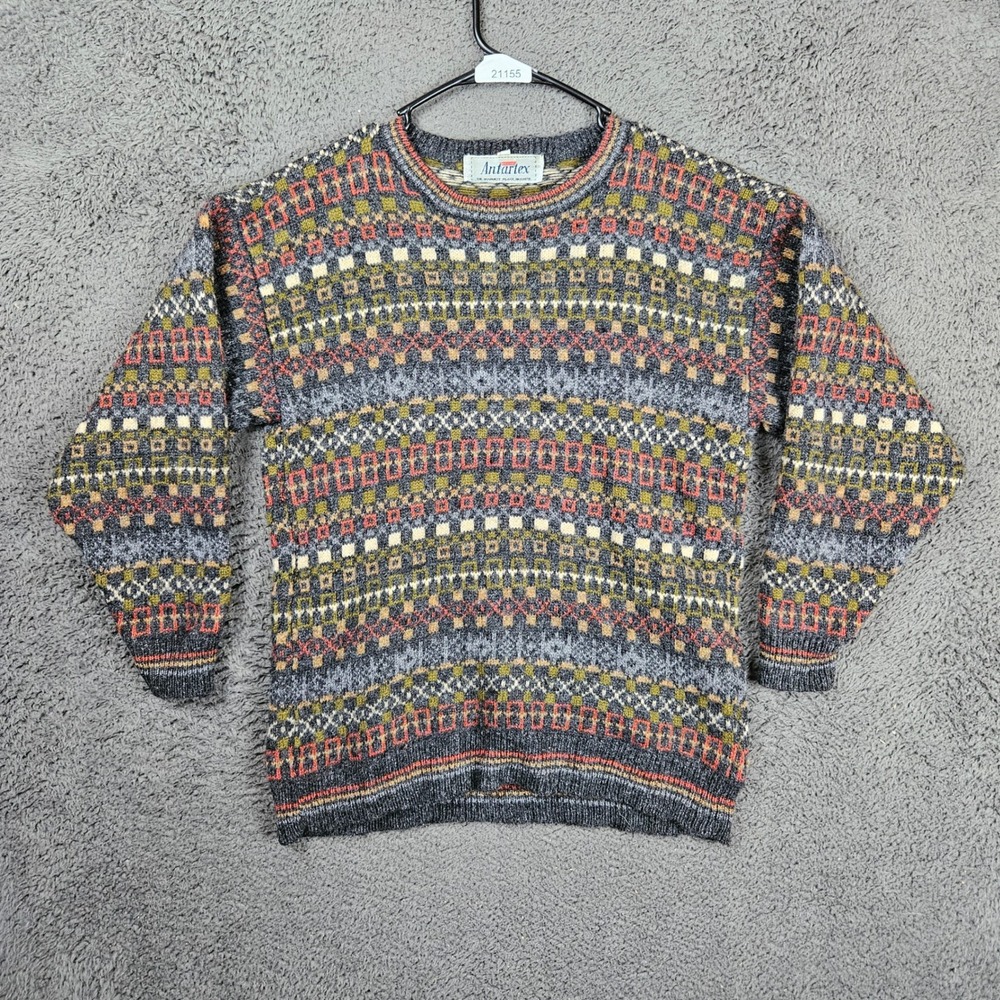 Antartex Mens Small‎ Pure New Wool Sweater Gray Orange Geometric